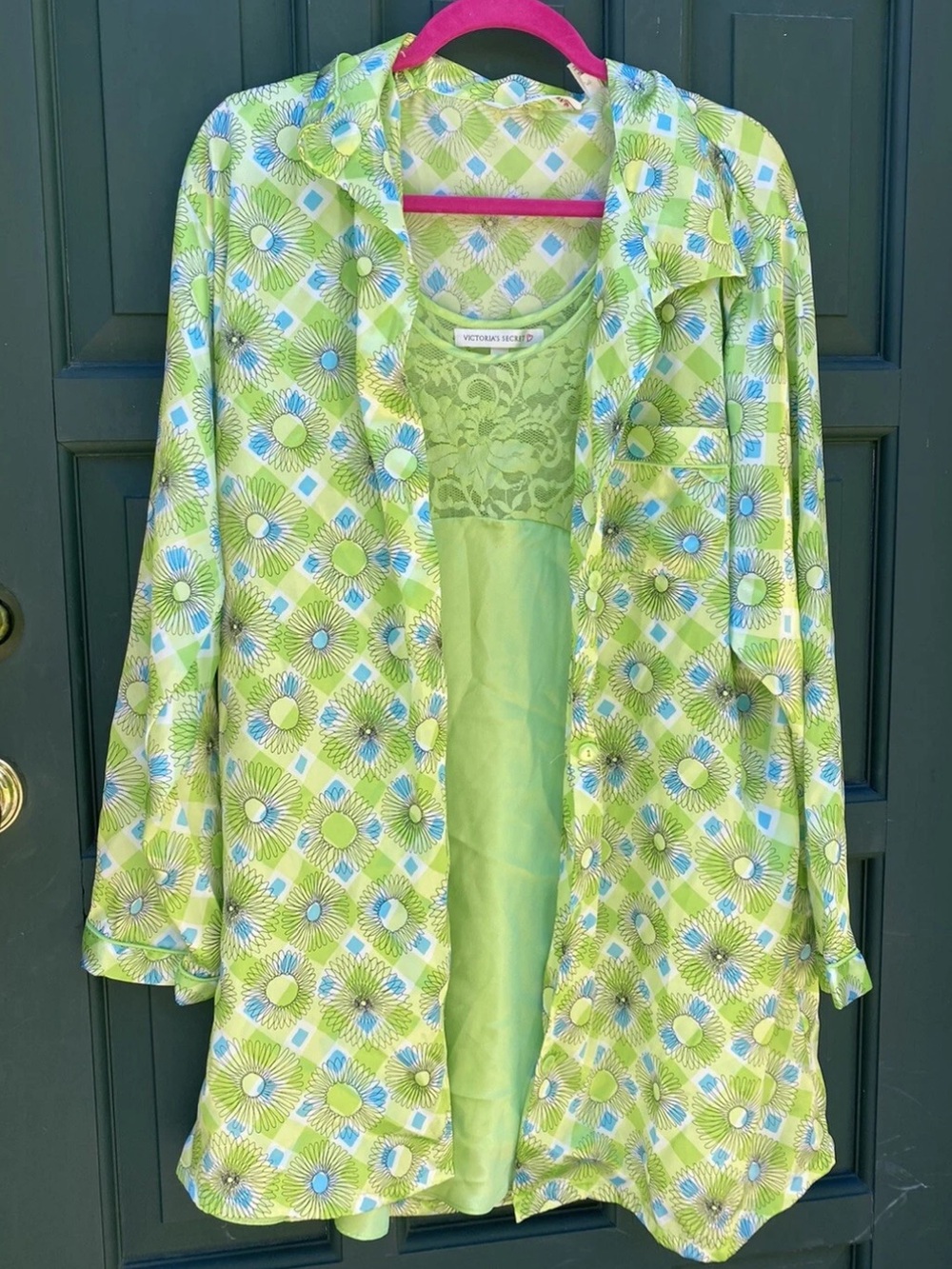 Vintage Victoria’s Secret Rare slip button down dress 1996 green plaid floral L